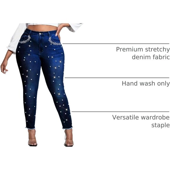 Women's High Rise Skinny Jeans Cotton Stretch Pearl Rhinestones Casual Dressy - Picture 4 of 8